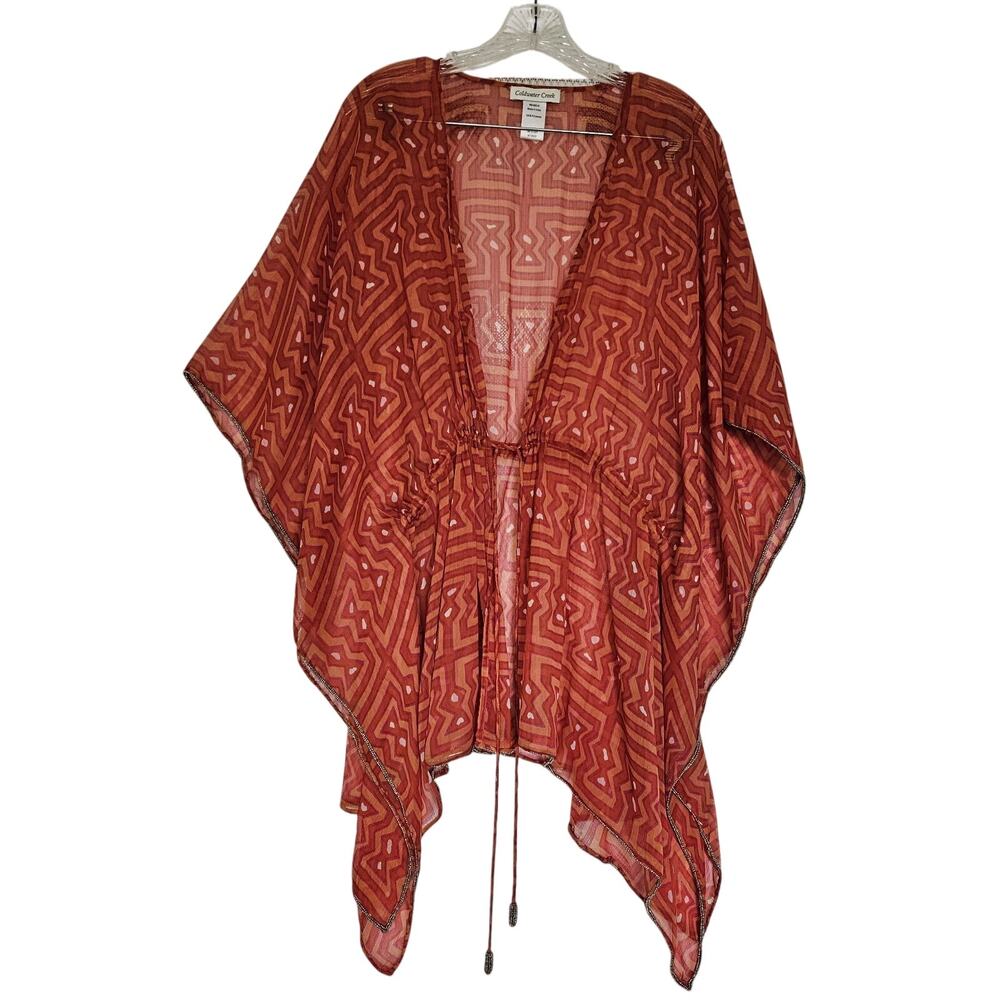 Coldwater Creek OS Beach Cover Up Orange Gold Beaded Geometric Maze Sheer Kaftan